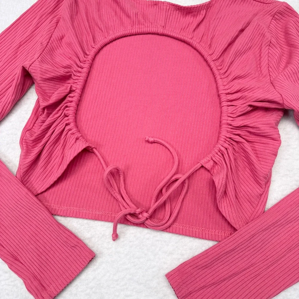 Reformation Cropped Open Back Top Womens Size Small Pink Barbiecore Ribbed